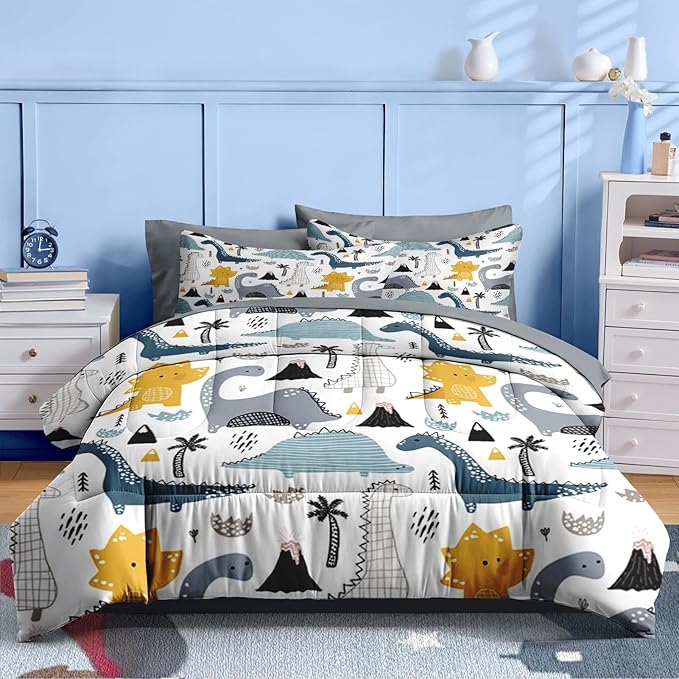 Nesker 7 Pcs Comforter Set Queen Size, Cute Dinosaur Dino Bedding for Kids Teen, Blue Yellow Dragon with Fitted Sheet 2 Pillowcases & 2 Shams for Bedroom Bed Décor