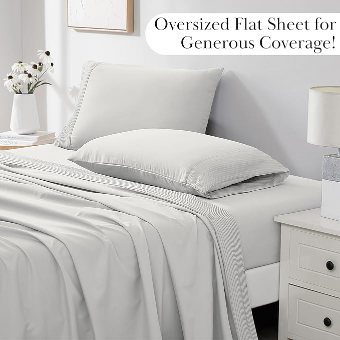 Southshore Fine Living, Inc. Pleated Hem, 21-Inch Extra Deep Pocket King Sheet Set, 4 - Piece King Size Sheets with Decorative Hem, Embroidered Detail, Easy Care Pet Hair Resistant Sheets, Light Grey