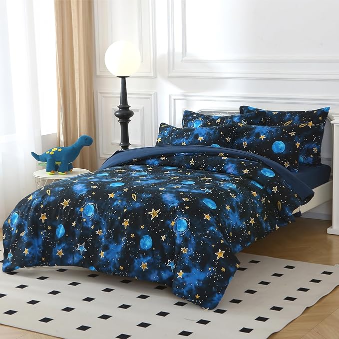 Glow in The Dark Kids Comforter Set, 5 Pieces Blue Space Bedding Set Twin Size for Boys Girls Teen, 1 Comforter, 1 Pillowcase, 1 Pillow Sham, 1 Flat Sheet, 1 Fitted Sheet