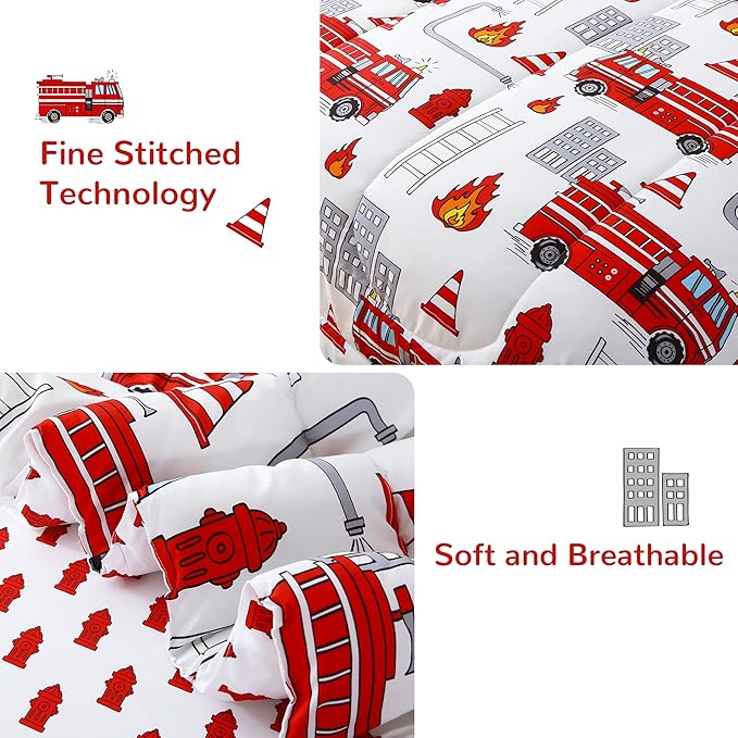 Mooreeke Kids Full Comforter Sets for Boys 8 Pieces Fire Truck White Bedding Set for Teens Soft Microfiber Kids Bed in A Bag with Comforter, Sheet Set, Shams and Decorative Toy Pillow All Season