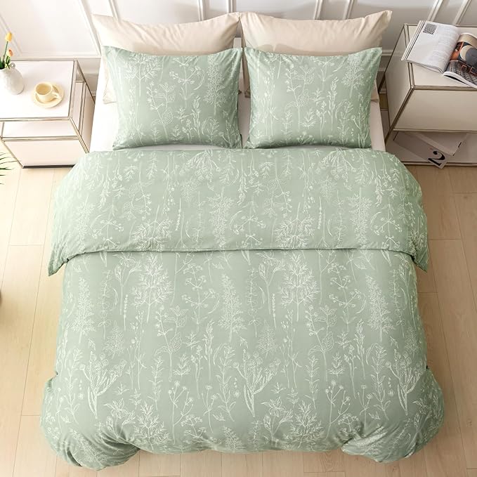 Lekesky Floral Duvet Cover King Size, Sage Green Duvet Cover King Plant Flowers Pattern Bedding Set for All Season, Soft Breathable Duvet Cover with Zipper Closure & Corner Ties