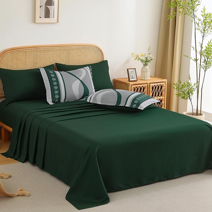 Anibedding Dark Green Comforter Set King Size,8 Pieces Bed in a Bag Patchwork Striped Bedding Sets,Boho Soft Microfiber Bedding Set for All Season(104"×90")