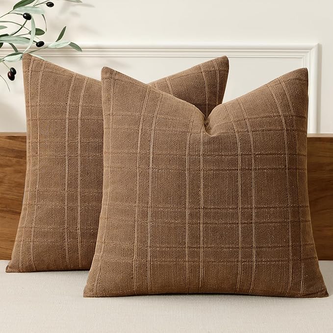 MIULEE Decorative Linen Check Throw Pillow Covers Neutral Farmhouse Vintage Pillow Covers 18x18 Set of 2 Boho Modern Winter Home Decor for Sofa Couch Bedroom Cushion Camel Brown