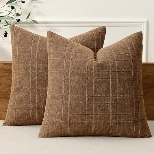 MIULEE Decorative Linen Check Throw Pillow Covers Neutral Farmhouse Vintage Pillow Covers 18x18 Set of 2 Boho Modern Winter Home Decor for Sofa Couch Bedroom Cushion Camel Brown