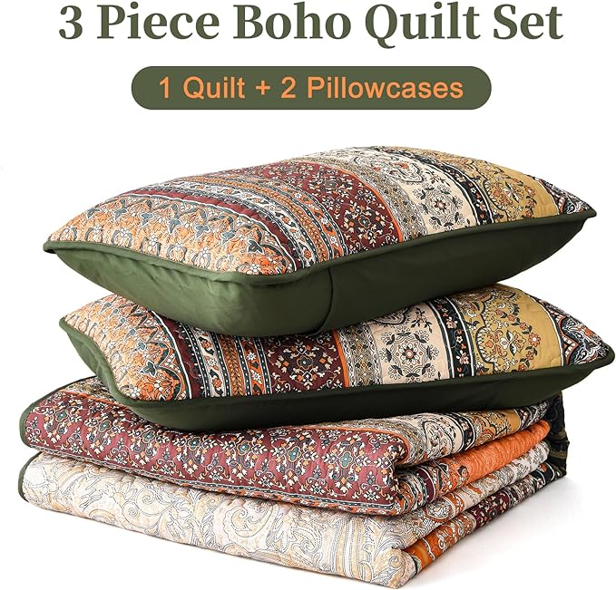 WONGS BEDDING Boho Quilt Set Full Size, Green and Orange Bohemian Quilt Bedding Set, Fall Lightweight Bed Decor Bedspread for All Season Reversible Microfiber Coverlet Bedding Set 78"x90"(3 Pieces)
