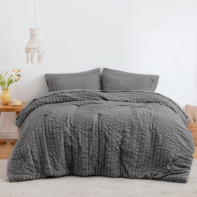 Love's cabin Seersucker Dark Grey Twin XL Comforter Set, 5-Piece All Season Lightweight Bed in a Bag Bedding Set with Comforter, Flat Sheet, Fitted Sheet, Pillowcase and Sham | Soft, Breathable, Lightweight