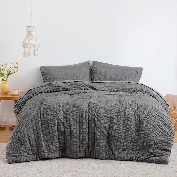 Love's cabin Seersucker Dark Grey Twin Comforter Set, 5-Piece All Season Lightweight Bed in a Bag Bedding Set with Comforter, Flat Sheet, Fitted Sheet, Pillowcase and Sham | Soft, Breathable, Lightweight