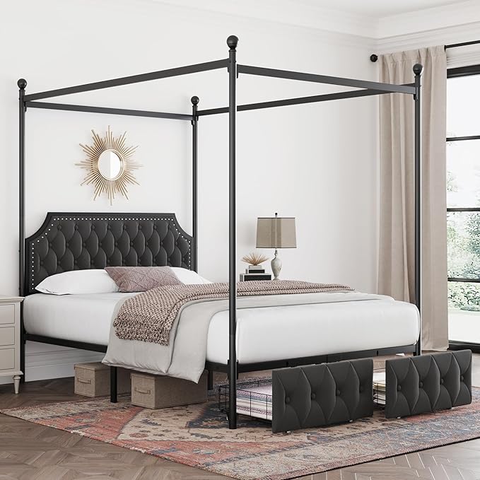Keyluv Full Upholstered Canopy Bed Frame with 2 Drawers and Button Tufted Headboard Metal Platform Bed with 4 Removable Posts Two-Purpose Velvet Bed No Box Spring Needed Dark Grey/Curtain Not Included