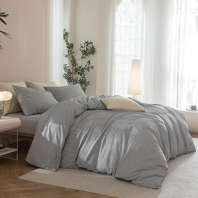 JIYUAN 100% Washed Cotton Striped Duvet Cover Set 3 Pieces Queen, 1 Duvet Cover and 2 Pillowcases(Comforter Not Included),Linen Like Comfy and Breathable,Pinstripes - Dark Grey White