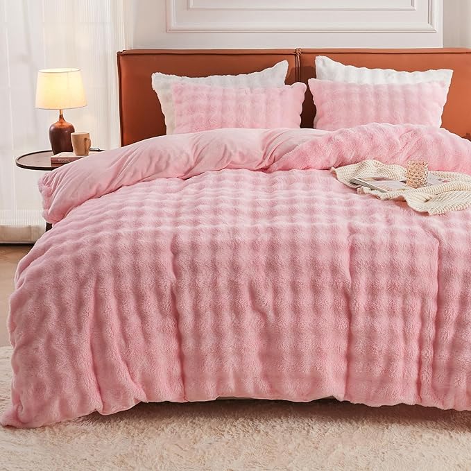 EMME Faux Fur Duvet Cover Queen Size, 3 Pieces Ultra Soft Fluffy Comforter Cover, Cozy Warm for Winter, Luxury Elegant Shaggy Bubble Design Bedding, 1 Duvet Cover & 2 Pillow Shams (Queen, Pink)