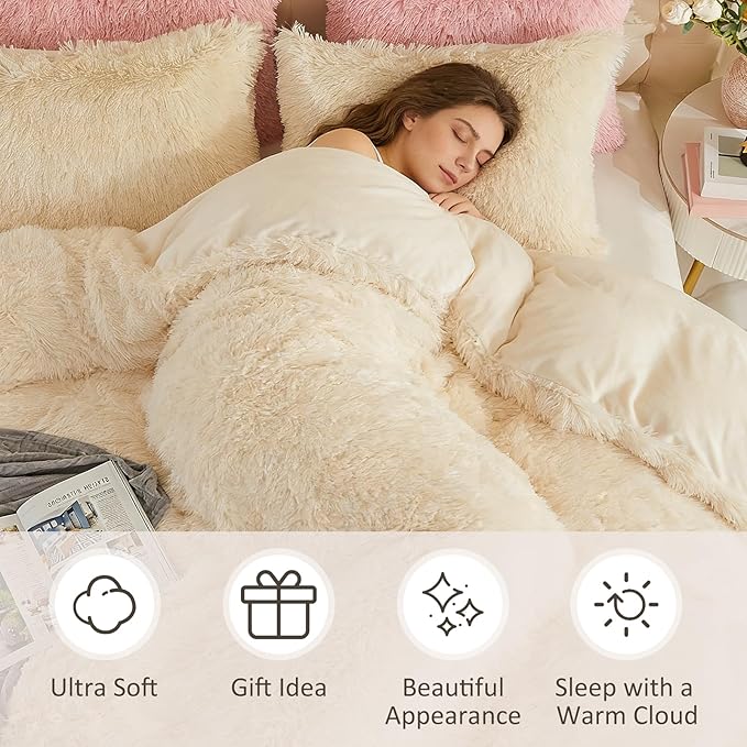 EMME Luxury Fuzzy Duvet Cover Set Twin Size Fluffy Comforter Cover Set for Twin Bed 2 Pieces Shaggy and Plush Soft Bedding Duvet Covers (Cream White, Twin)