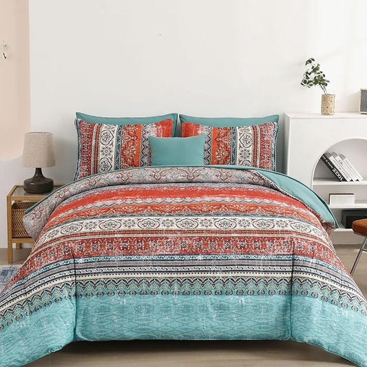 Cottolester Boho King Size Comforter Set 8 Pieces,Terracotta Comforter Bohemian Striped Bed in A Bag, Soft Microfiber Bedding Set for All Seasons