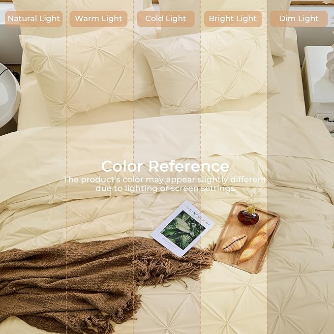 Sasttie King Size Comforter Set, 7-Piece Bed in a Bag, Pintuck Bedding Set for All Season, Includes Comforter, Flat Sheet, Fitted Sheet, Pillowcases and Pillowshams, Pale Yellow