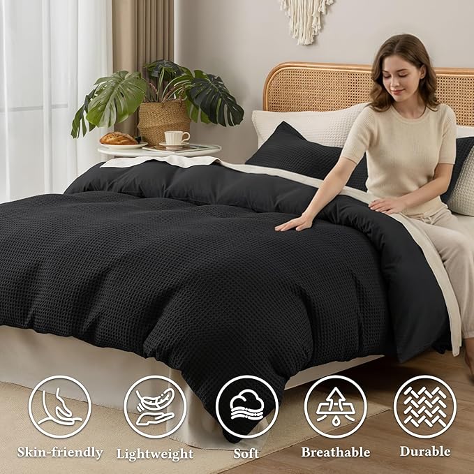David's Home Waffle Weave Duvet Cover Set Queen Size,Soft Breathable 3pcs Comforter Cover Set with 2 Pillowcases,Textured Home Decor Bedding Set Cozy for All Seasons, Black 90"×90",No Comforter