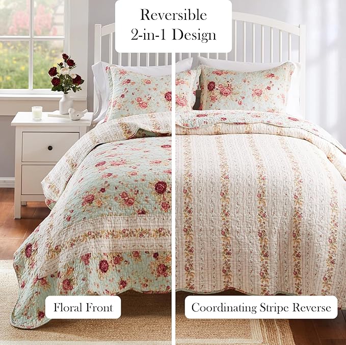Greenland Home Antique Rose 100% Cotton Heirloom-Quality Quilt Set, 3-Piece King/Cal King, Blue
