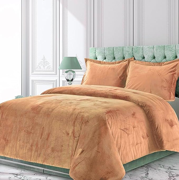 Peach 3 Pieces Velvet Comforter Set Super King Size (Comforter + 2 Pillowcases) Crinkle Crushed 400 GSM