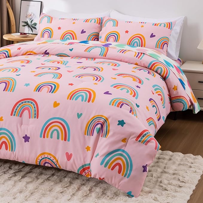 Btargot Lightweight Soft 3 Piece Rainbow Comforter Set with 2 Pillow Covers, Cartoon Love Hearts Flowers and Sun Moon Star Bedding Set for Girls Boys Kids, Full Blush