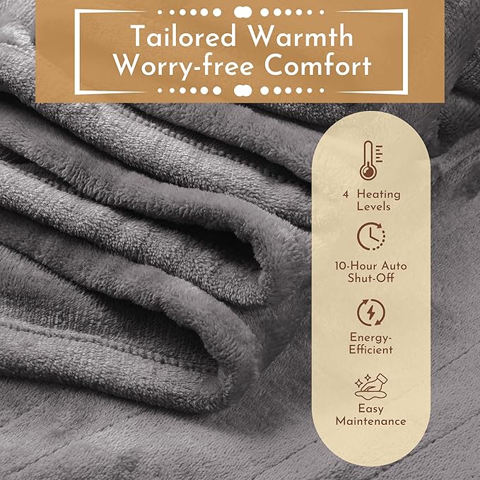 Electric Heated Blanket 62"x84" Twin Size Flannel Heated Blanket, Cozy & Warm for All Night, 4 Heat Settings & 10 Hours Auto Off, Machine Washable, Light Grey