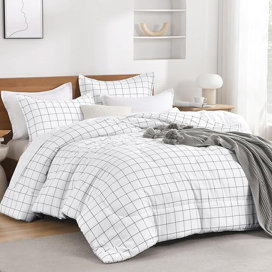 Andency Full Size Comforter Sets, White Gingham Plaid Grid Checkered Bedding Comforter Set for Teens Boys Girls Kids, 3 Pieces Lightweight Reversible Preppy Bedding Set(79x90 Inch)