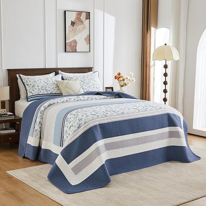 Oversized King Bedspread 128"x120" - 100% Cotton Lightweight All-Season Quilted Coverlet with Floral Striped Design - French Country & Farmhouse Bedding - Oversized King Plus Quilt in Blue