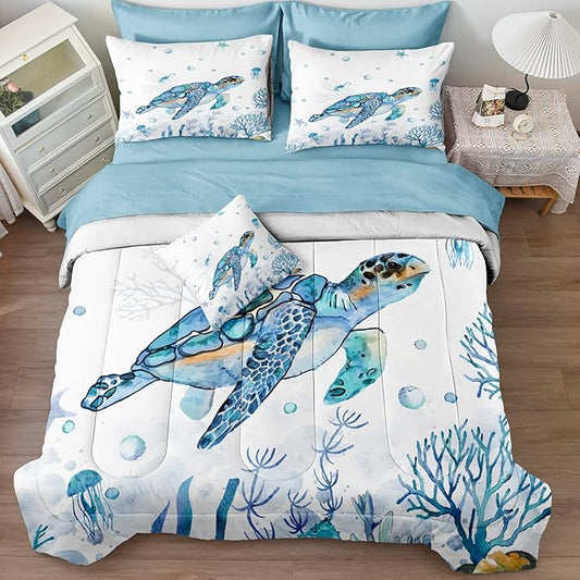 Sea Turtle Comforter 8 Pieces King Size Bed in a Bag Beach Ocean Bedding Sets with 1 Turtle Comforter, 1 Teal Blue Flat Sheet, 1 Fitted Sheet, 4 Pillowcases, 1 Cushion Cover(Sea Turtle, King)