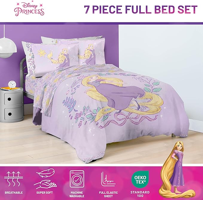 Jay Franco Kids Comforter Set Includes Sheets and Pillow Covers - Soft and Cozy Bed Set for Stylish Room Decor, Purple - Disney Princess Rapunzel, 7 Piece Full Size Bedding