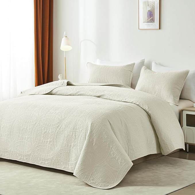 akkialla Twin Quilt Set,Cream Lightweight Bedspread with Coin Pattern, Soft Microfiber Coverlet for All Seasons, Elegant Modern Home Style (1 Quilt, 1 Pillow Sham)