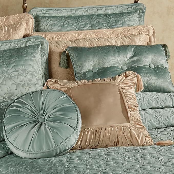 Cambridge Classic Luxury Bedding | Cool Aqua Mist Solid Color Polyester Satin | Elaborate Damask Quilting | 6 Pc Bed Set Includes Oversized Full Bedspread, 2 Standard Shams, and 3 Decorative Pillows
