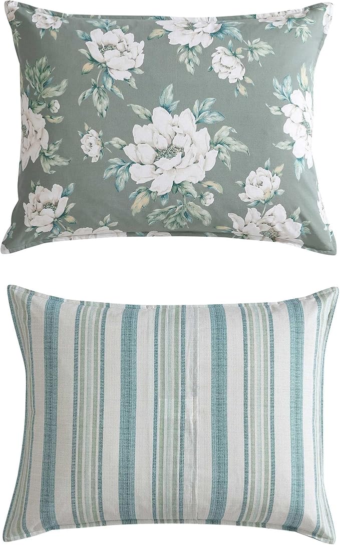 Laura Ashley - Full/Queen Comforter Set, Premium Cotton Bedding with Matching Shams, Includes Bonus Decorative Pillow Covers, Floral Home Decor, Oeko-Tex Certified (Wisley Floral Green, Full/Queen)