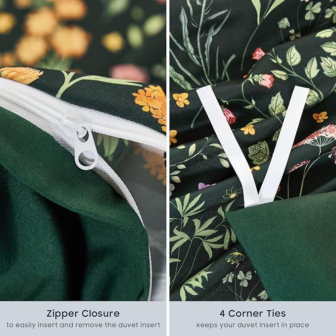 Wake In Cloud - Floral Duvet Cover Set, Shabby Chic Cottage Garden Botanical Flower Style with Elegant Wildflower Pattern, Soft Lightweight Bedding, 3 Pieces, Dark Green, Queen Size