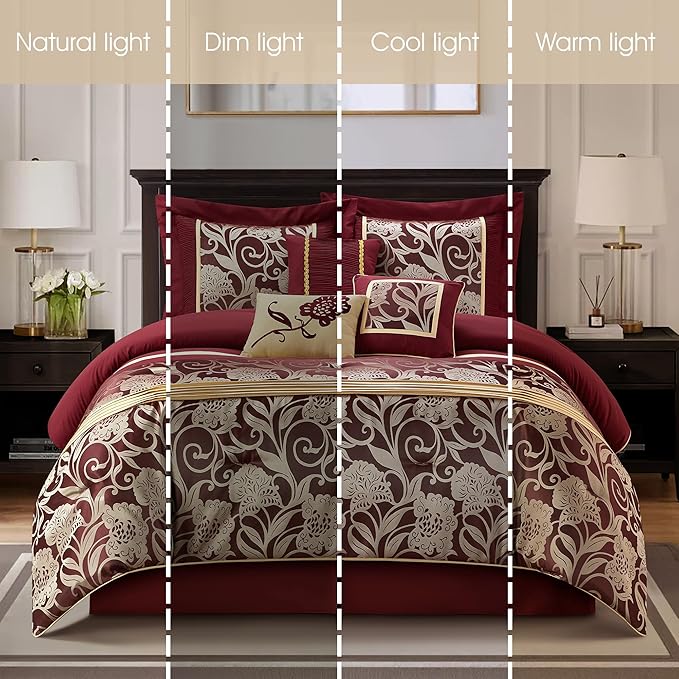 Grand Avenue Black and Red Comforter Set Queen Size, 7 Piece Jacquard Floral Bedding Set, All Season, Ultra-Soft, Matching Pillows & Shams, Bed Skirt
