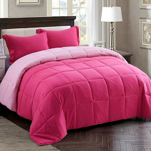 HIG 3pc Pink Queen Size Comforter Set - All Season Reversible Down Alternative Bedding Comforter Set - Quilted Duvet Insert with Corner Tabs - Box Stitched Blanket - Breathable, Soft, Fluffy