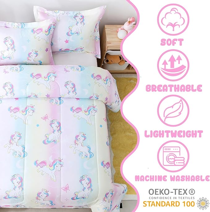 Yibeizi Twin Bed Comforter Set, Kids Lightweight All-Season Comforter Set Cute Rainbow Unicorn Pattern Microfiber Breathable Hypoallergenic Soft Oeko-Tex Bedding Comforter Sets