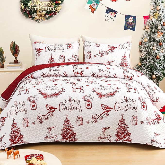 Exclusivo Mezcla Reversible Christmas Quilts King Size, Red Bedspread Lightweight Coverlet Winter Quilt Bedding Set with Printed Trees Reindeer Wreaths Pattern (1 Quilt, 2 Pillow Shams)