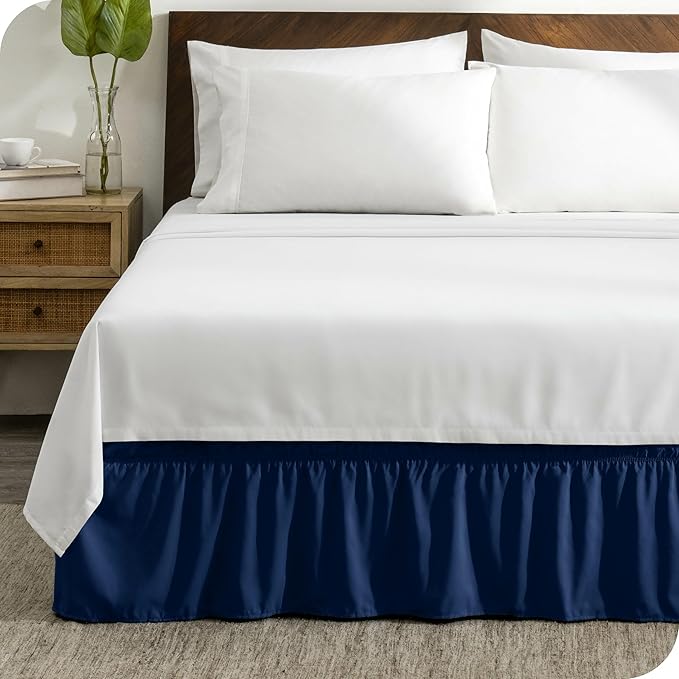 Bare Home Wrap Around Bed Skirt - for Twin Size Beds with 15 inch Tailored Drop - Easy Fit Elastic Strap - Adjustable and Ruffled Style - Wrinkle, Fade, and Stain Free (Twin, Dark Blue)