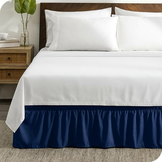 Bare Home Wrap Around Bed Skirt - for Twin Size Beds with 15 inch Tailored Drop - Easy Fit Elastic Strap - Adjustable and Ruffled Style - Wrinkle, Fade, and Stain Free (Twin, Dark Blue)