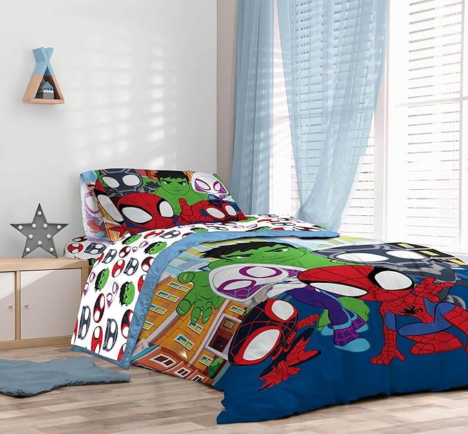 Sunny Side Up Marvel Spidey & His Amazing Friends Full Comforter Set - 7 Piece Kids Bedding Includes Comforter, Sheets & Pillow Cover - Super Soft Superheroes Microfiber Bed Set