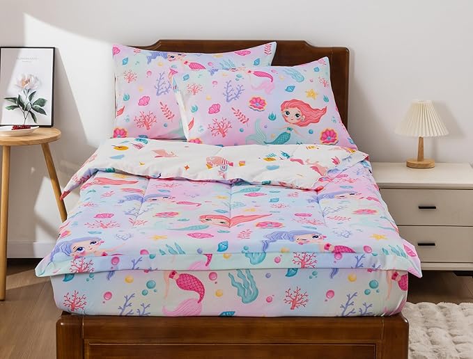Meeting Story 3pcs Kids Comforter Sets Zipper Bedding Set for Girls,Twin Kid Bedding Set Mermaid Rainbow Comforter for Kid,All in one Zipper Bedding（Pink Yellow,Twin）