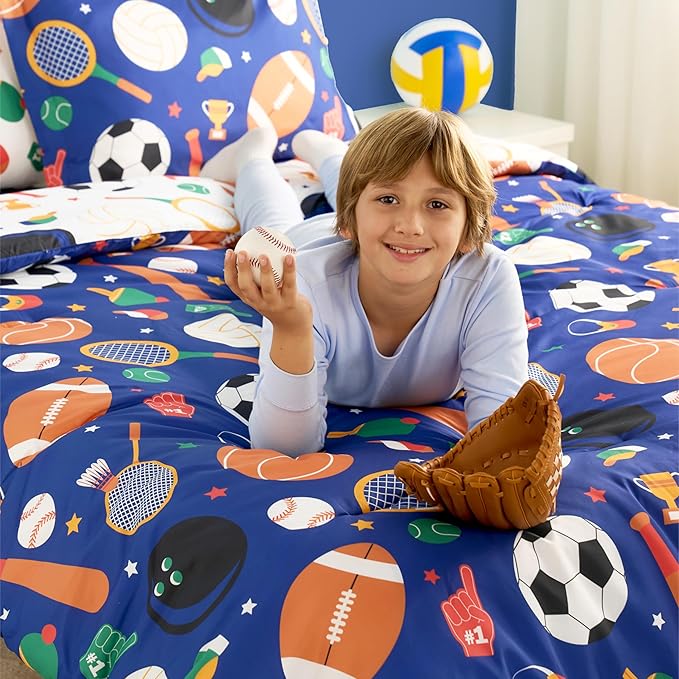Joiedomi Kid Twin Comforter Set 5 Piece Ball Sports Bedding Set for Boys Girls Super Soft Microfiber Bed in a Bag with Comforter Sheets Pillowcase Sham