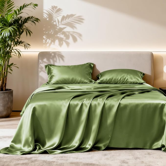 Love's cabin Satin Queen Bed Sheet Set - 4 Piece, Sage, Silky Soft, Deep Pocket, Luxury Feel