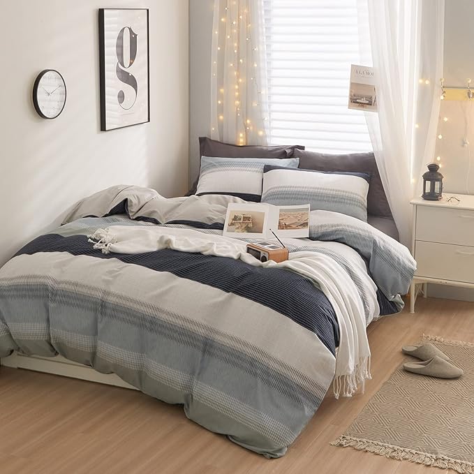 LifeTB Cotton Duvet Cover Queen White Blue Gray Stripe Comforter Cover Geometric Stripe Bedding Set Modern Soft Duvet Cover for Men Boy Teen Boho Queen Duvet Cover Set