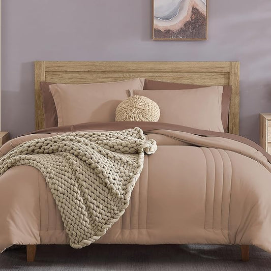 Monbix Full Comforter Set - 7 Pieces Rust Pink Bed in a Bag Full Size Bedding Sets with Comforters, All Seasons Comforter with Sheets, Pillowcases & Shams