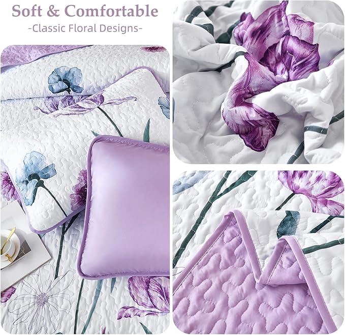 WONGS BEDDING Purple King Quilt Set, 3 Pieces Light Purple Floral Bedspread Coverlet Set, Lightweight Spring Farmhouse Cute Botanical Quilts Bedding Set (104"x90")