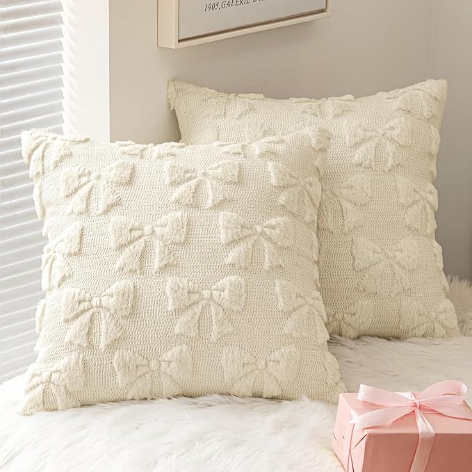MIULEE Cream White Bow Pillow Covers Coquette Room Decor Aesthetic Set of 2 Decorative Cute Girl Vlentine Pillow Covers Spring Soft Plush Faux Pillowcase for Preppy Room Decor Bedroom Couch,16x16 Inch