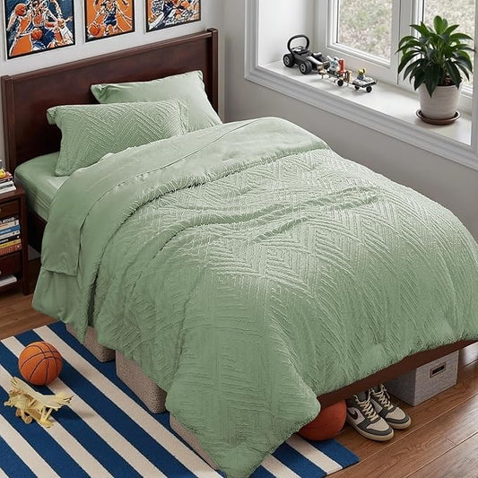 Zzlpp Twin Comforter Set 5 Pieces, Sage Green Tufted Bed in a Bag with Comforter and Sheets, All Season Boho Bedding Sets with 1 Comforter, 1 Pillow Sham, 1 Pillowcase, 1 Flat Sheet, 1 Fitted Sheet