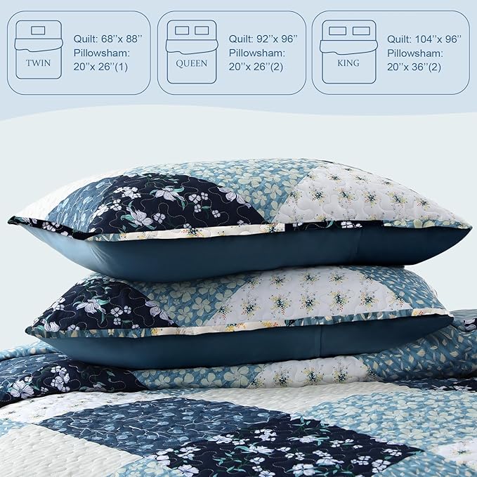 Exclusivo Mezcla Reversible Boho Quilts King Size, Blue Bedspreads Lightweight Coverlet All Season Patchwork Quilt Bedding Set with Printed Floral Pattern (1 Quilt, 2 Pillow Shams)