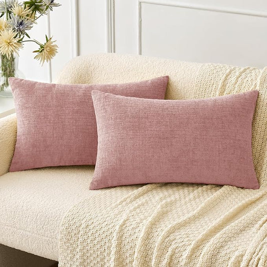 MIULEE Pack of 2 Couch Valentines Throw Pillow Covers 12x20 Inch Soft Spring Blush Pink Chenille Lumbar Pillow Covers for Sofa Living Room Solid Dyed Cases