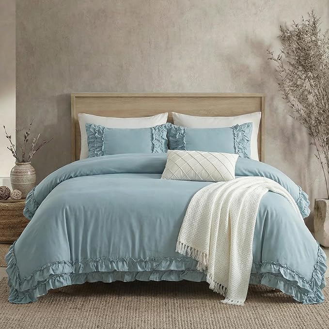 Grayish Blue Duvet Cover King Vintage Ruffled Bedding Shabby Chic Boho Bedroom Decor Super Soft All Season Ruffle Duvet Cover Set