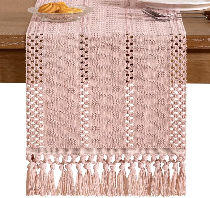 Socomi Boho Table Runner Valentine's Day Farmhouse Rustic Dining Kitchen Centerpiece Decor Small Macrame Woven Cotton Linen Coffee Table Runner for Dresser Scarf Home Decor 12x72 in Pink