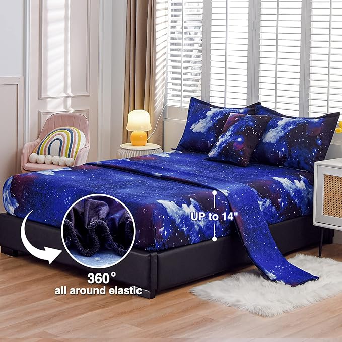 A Nice Night Galaxy 6Pcs Bedding Sets Outer Space Comforter Bed in a Bag 3D Printed Quilt,for Children Boy Girl Teen Kids,Queen 6Pcs